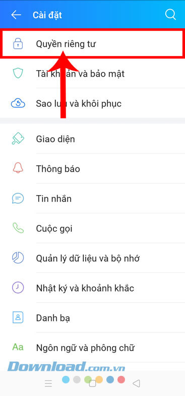 Chạm vào mục Quyền riêng tư