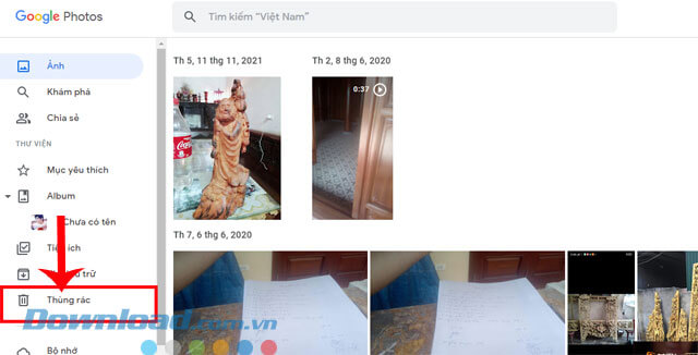 Click chuột vào mục Thùng rác