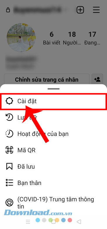 Chạm vào mục Cài đặt