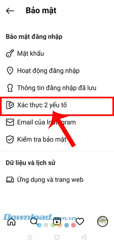 Chạm vào mục Xác thực 2 yếu tố