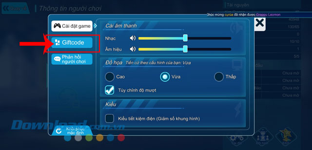 Chạm vào mục Giftcode