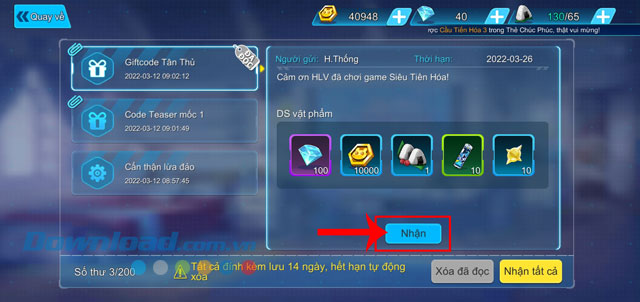 Chạm vào nút Nhận