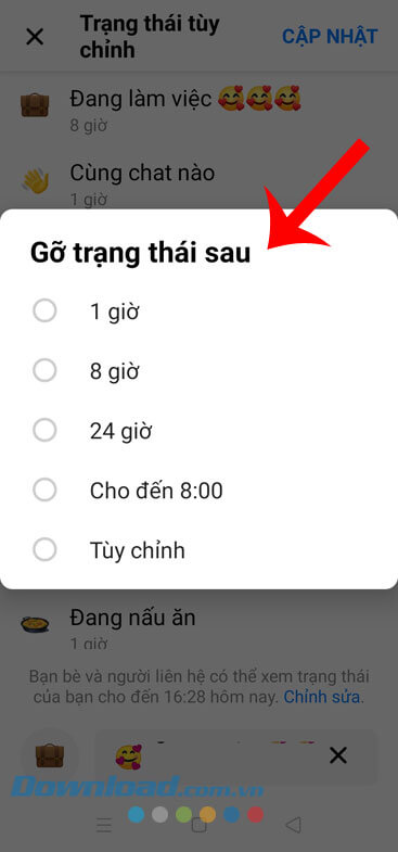 Chọn thời gian hiển thị trạng thái