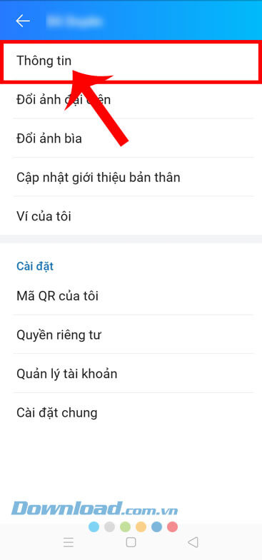 Nhấn vào mục Thông tin