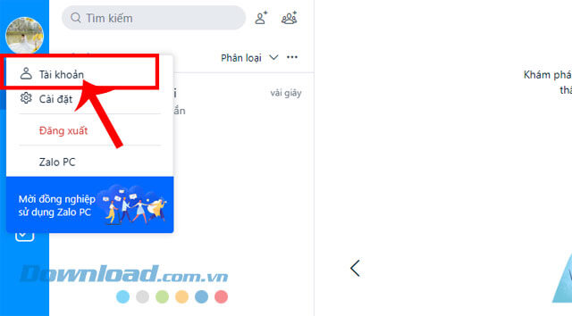 Click chuột vào mục Tài khoản