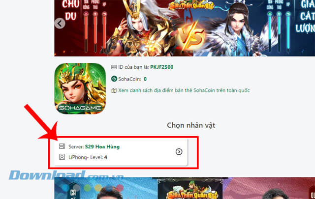 Ấn vào máy chủ và nhân vật\