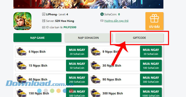 Click chuột vào mục Giftcode