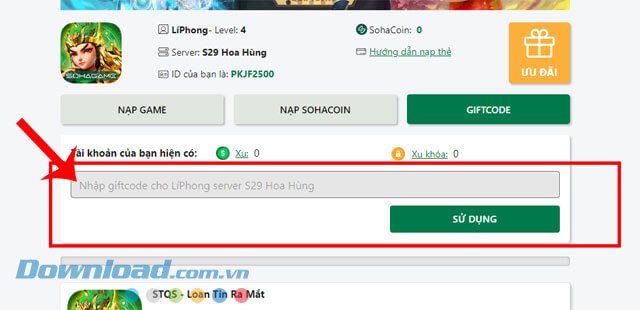 Nhập mã giftcode