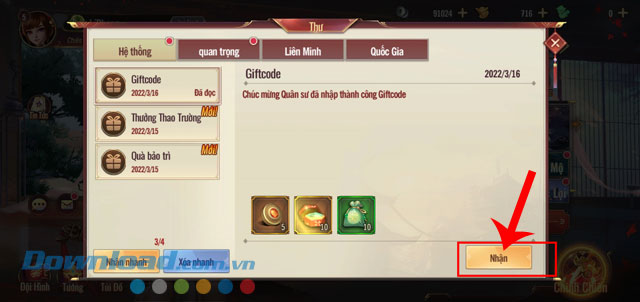 Nhấn vào nút Nhận