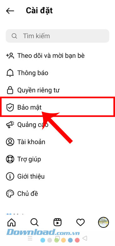 Ấn vào mục Bảo mật