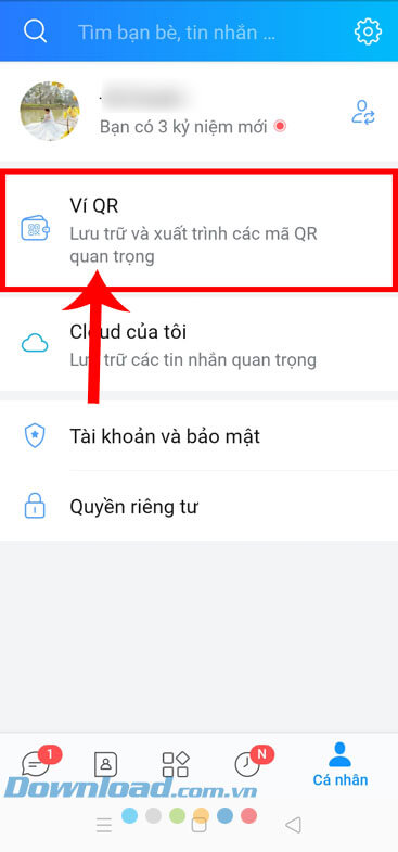 Nhấn vào mục Ví QR
