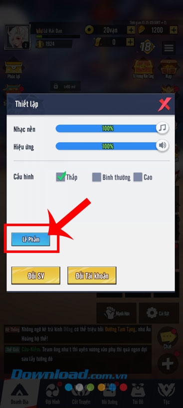 Ấn vào mục Lễ phẩm