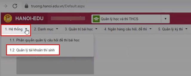 Click chuột vào mục Hệ thống > Chọn Quản lý tài khoản thí sinh.