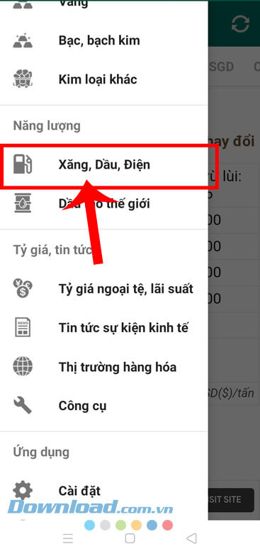 Nhấn vào mục Xăng, Dầu, Điện