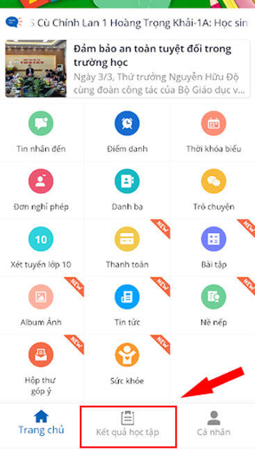 Ấn vào mục Kết quả học tập
