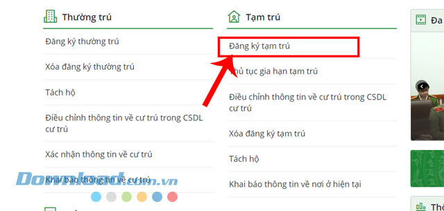 Nhấp chuột vào mục Đăng trú tạm trú