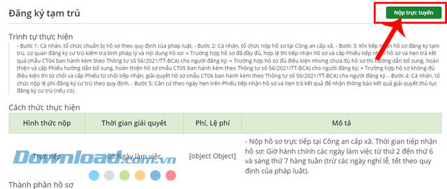 Click chuột vào nút Nộp trực tuyến