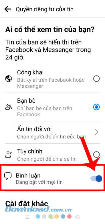 zgạt và bật công tắc tại mục Bình luận