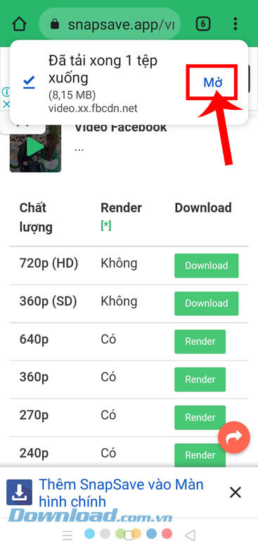Mở video Facebook Reels đã tải
