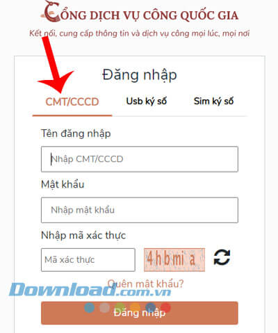Đăng nhập tài khoản Cổng dịch vụ công Quốc gia