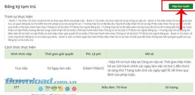 Click chuột vào nút Nộp trực tuyến