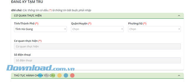 Điền thông tin Cơ quan thực hiện