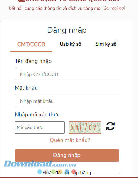 Đăng nhập tài khoản Cổng Dịch vụ công Quốc gia