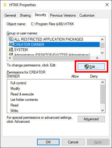 Nhấn vào tab Security, rồi chọn Creator owner