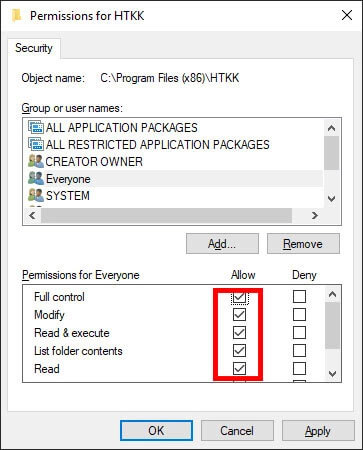 Tick chọn mục Full control