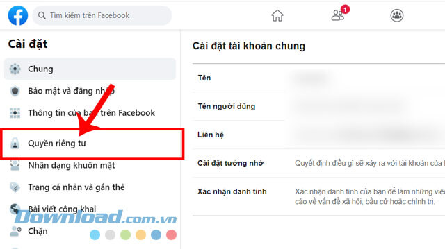 Nhấp chuột vào mục Quyền riêng tư