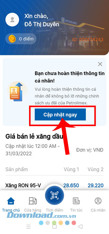 Chạm vào nút Cập nhật ngay