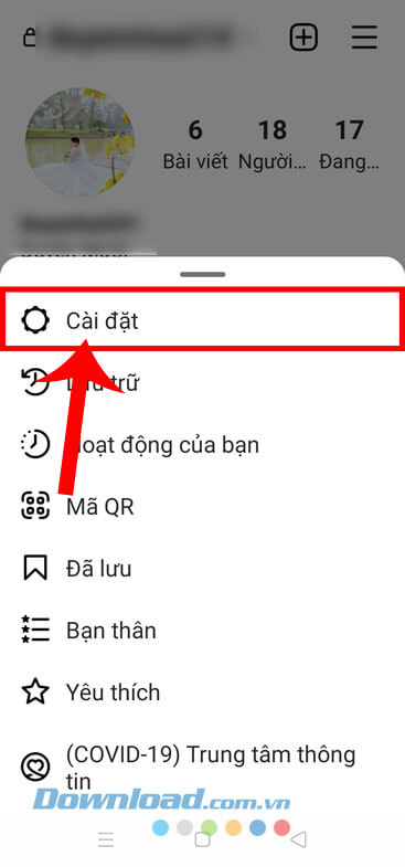 Nhấn vào mục Cài đặt
