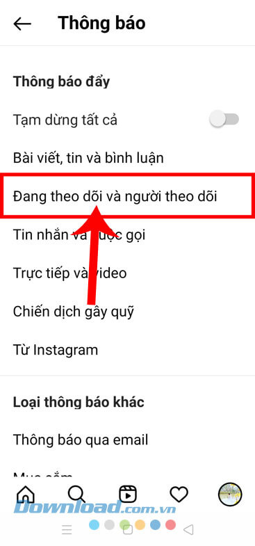 Nhấn vào mục Đang theo dõi và người theo dõi