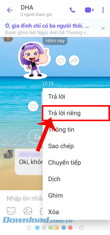 Ấn vào mục Trả lời riêng