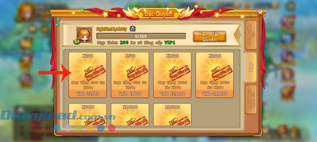 Chọn gói xu cần nạp