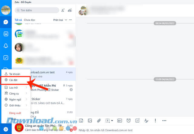 Chạm vào mục Cài đặt
