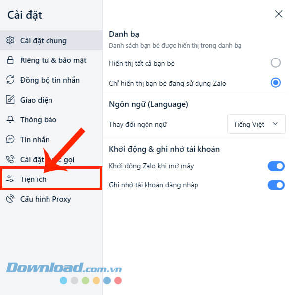 Click chuột vào mục Tiện ích