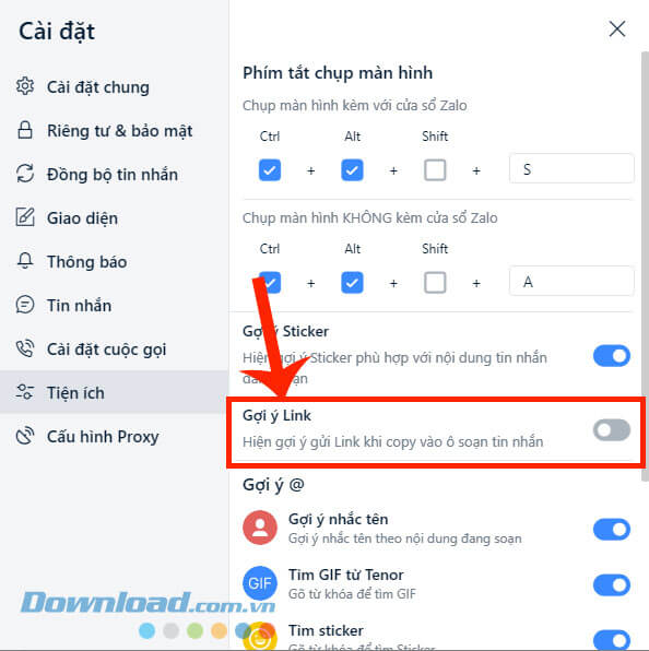 Gạt công tắc tại mục Gợi ý link