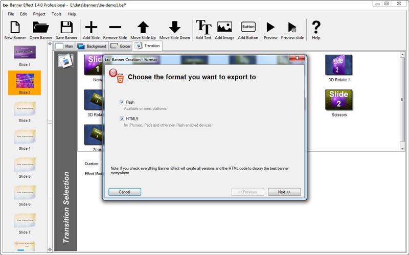 Banner Effect hỗ trợ export ra HTML5 và Flash
