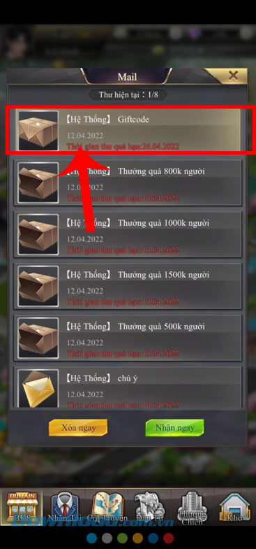 Chạm vào nút [Hệ thống]: Giftcode