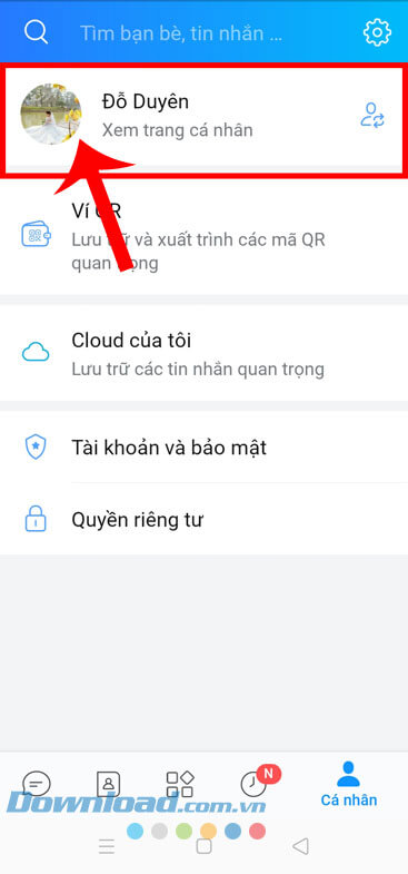 Ấn vào trang cá nhân Zalo