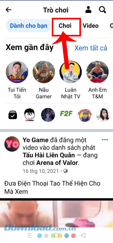 Chạm vào mục Chơi