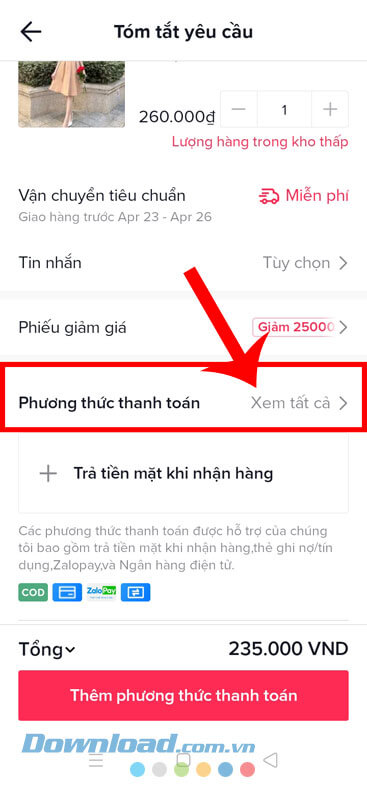 Chạm vào phương thức thanh toán