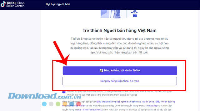 Nhấn vào nút Đăng ký bằng tài khoản TikTok
