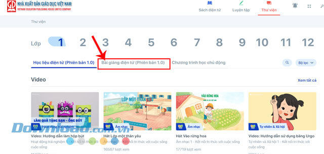 Click chuột vào mục Bài giảng điện tử (Phiên bản 1.0)