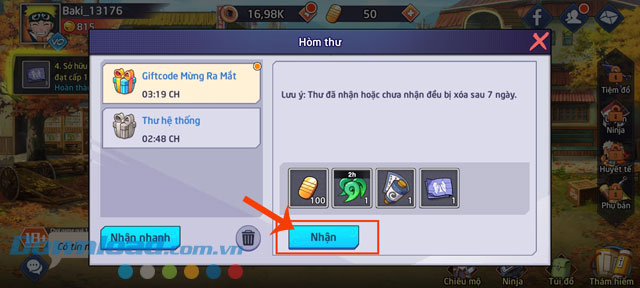 Chạm vào nút Nhận