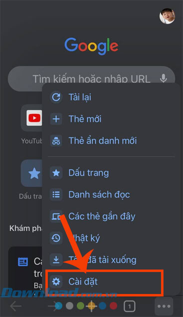 Nhấn vào mục Cài đặt