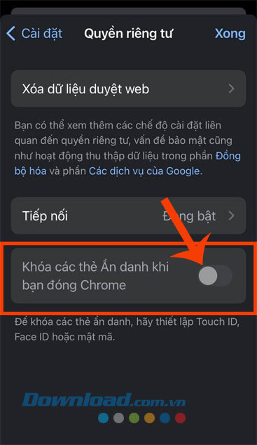 Bật công tắc tại mục Khóa các thẻ ẩn danh khi bạn đóng Chrome