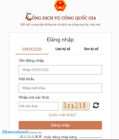 Đăng nhập tài khoản Cổng dịch vụ công Quốc gia
