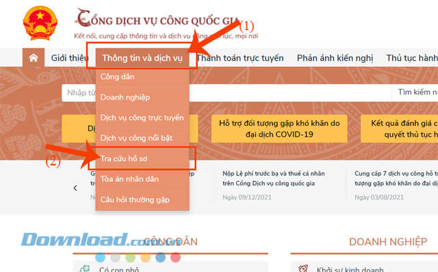 Click chuột vào mục Thông tin và Dịch vụ > Chọn mục Tra cứu hồ sơ